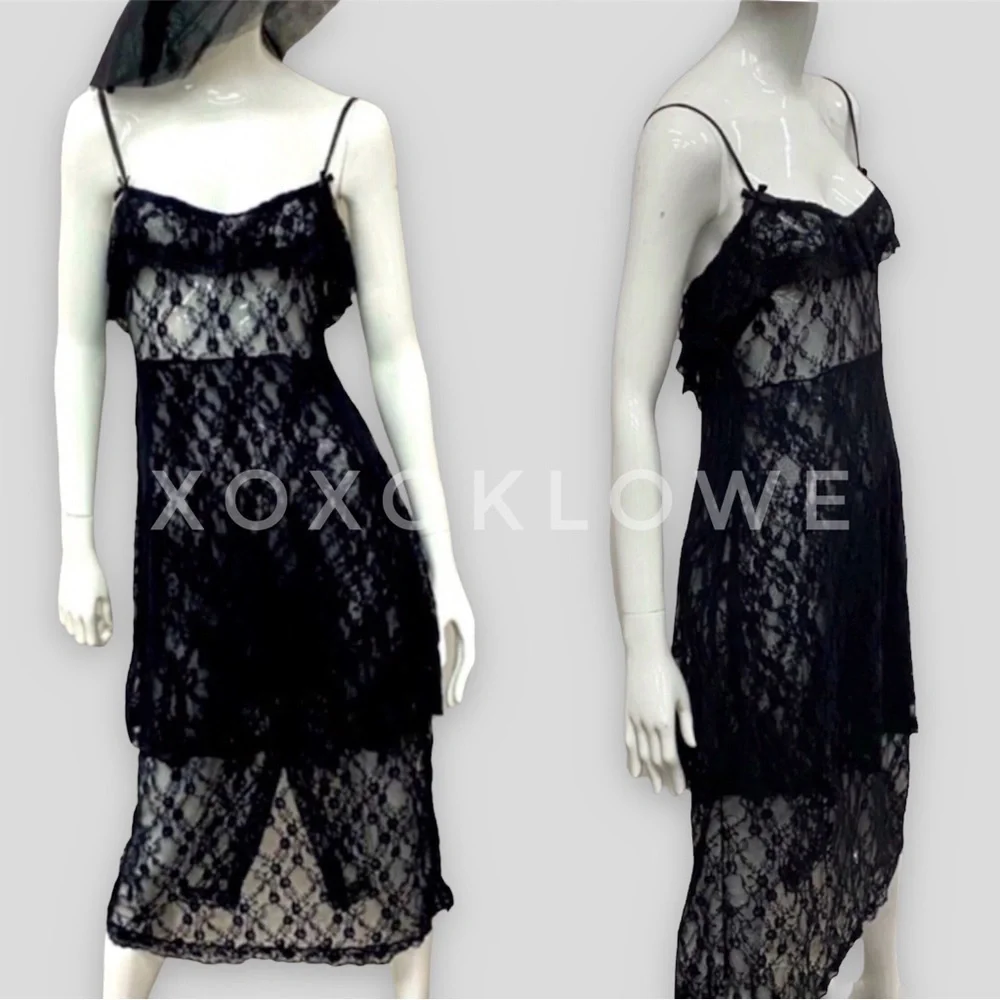 POL Black Sheer Lace Ruffle Tiered Layering Slip